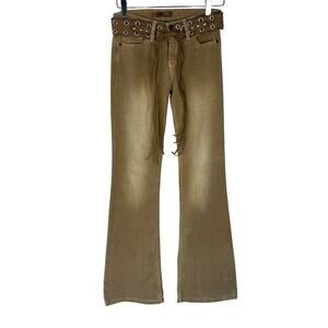 Vintage Lei Flare Khaki Jeans Bootcut Faded Mid Rise Belted 90s Y2K 27